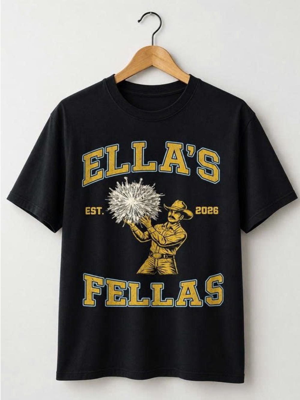 Black Short Sleeve Tee with Yellow Graphic 'Ella's Fellas'